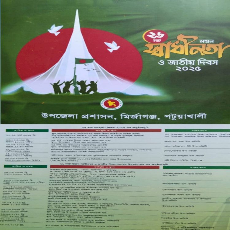 মির্জাগঞ্জ উপজেলা প্রশাসন থেকে স্বাধীনতা দিবস উপলক্ষে একগুচ্ছ কর্মসূচি