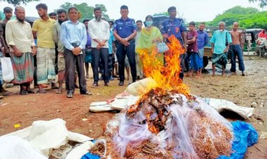 নওগাঁর আবাদপুকুর হাটে ১০হাজার মিটার নিষিদ্ধ কারেন্টজাল জব্দকরে আগুনে  ভূষ্মিভূত