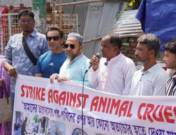 রাজশাহীতে পশু নিষ্ঠুরতার বিরুদ্ধে ধর্মঘটের গুরুত্ব তুলে ধরে মানববন্ধন