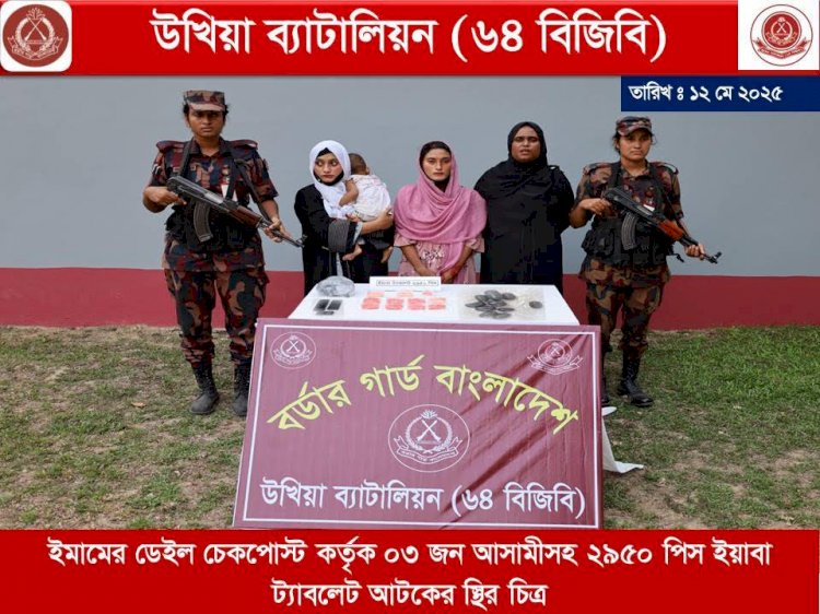 উখিয়া ৬৪ বিজিবি মাদক বিরোধী অভিযানে ২৯৫০ পিস ইয়াবাসহ ৩  মাদক কারবারি আটক
