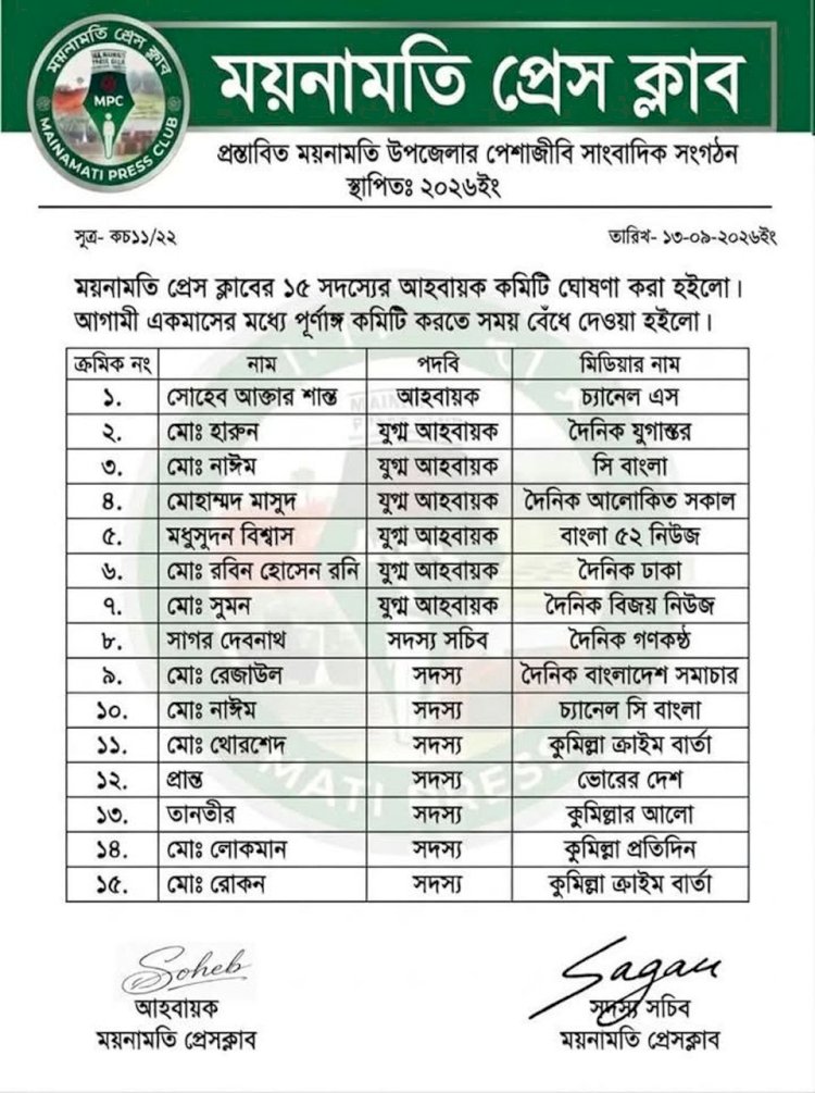 ময়নামতিতে পেশাদার সাংবাদিকদের ঐক্য সুদৃঢ় করতে ময়নামতি প্রেস ক্লাবের ১৫ সদস্যবিশিষ্ট আহ্বায়ক কমিটি গঠিত